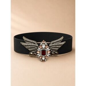 Vintage Women Cinch Belt One Size Black Wing Buckle Rhinestone Red Gem Elastic